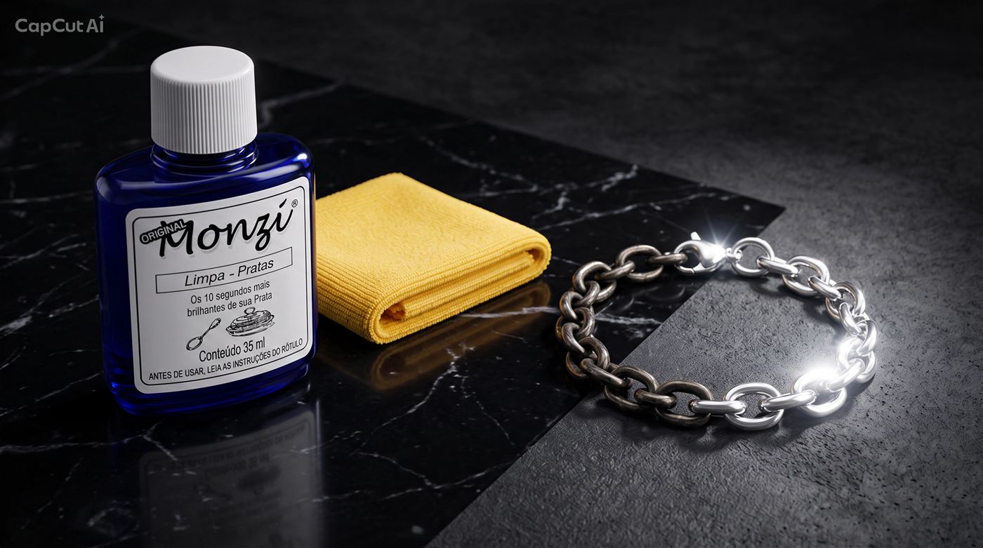 Kit Limpa Pratas 925 Profissional ao lado de uma pulseira de prata brilhando