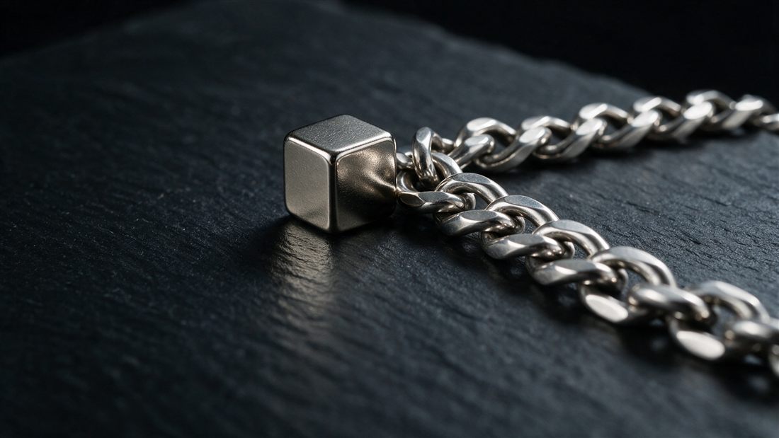 Ímã encostado numa corrente de prata para testar se atrai o metal